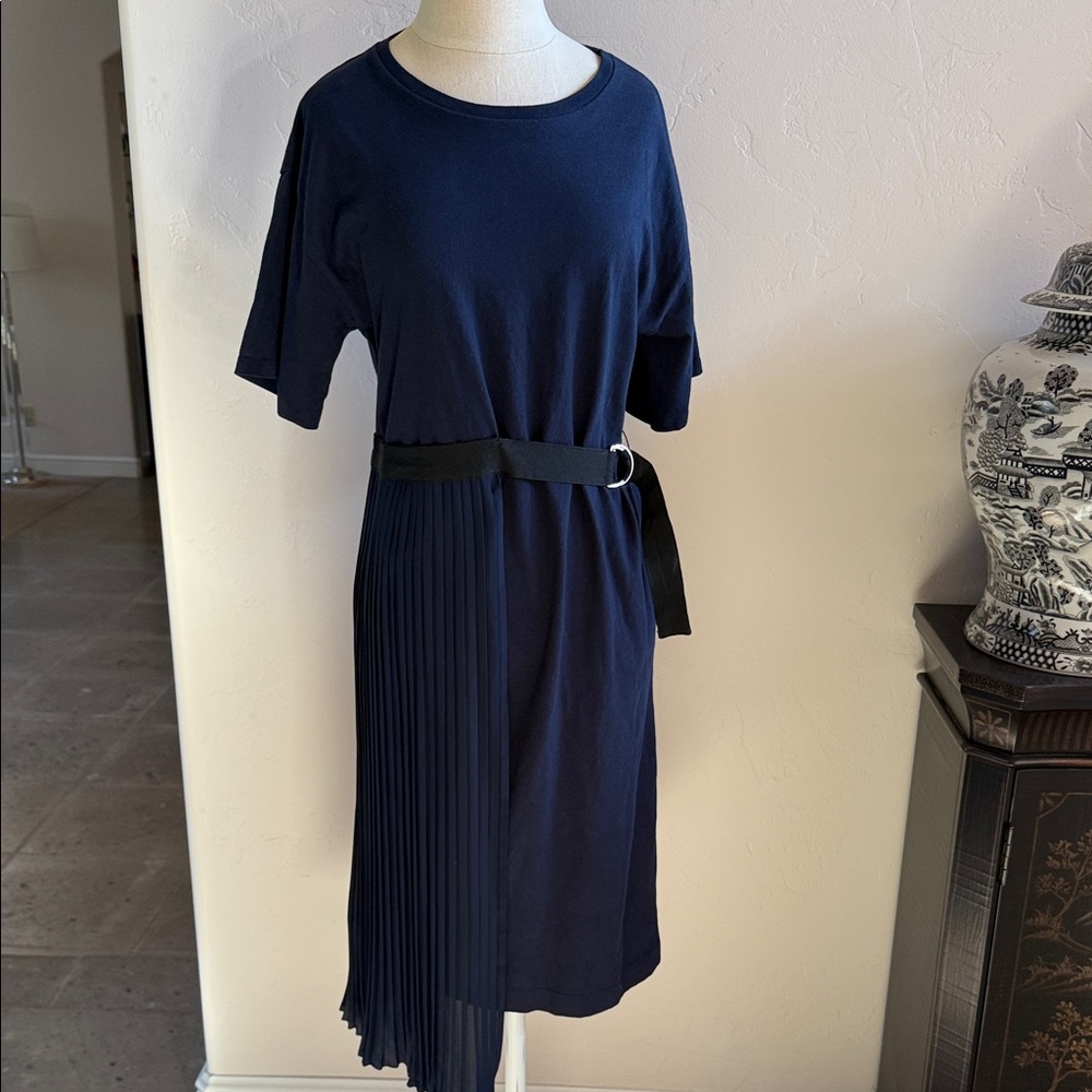 Zara navy T-shirt dress with pleated half wrap skirt and grosgrain belt size M/L